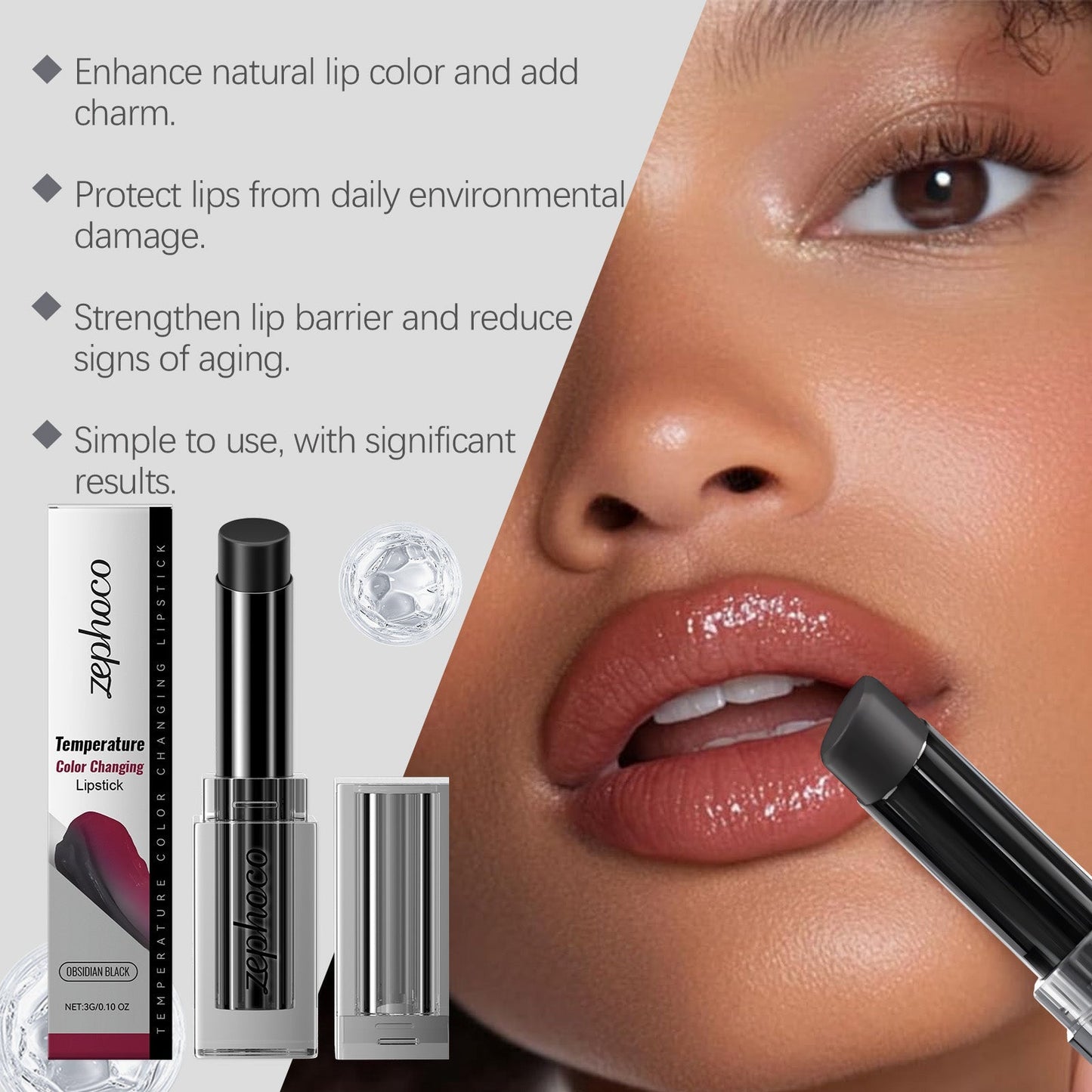 zephoco Obsidian Warming Lip Balm — Temperature-Changing Color, Moisturizing & Lip Line Reducing