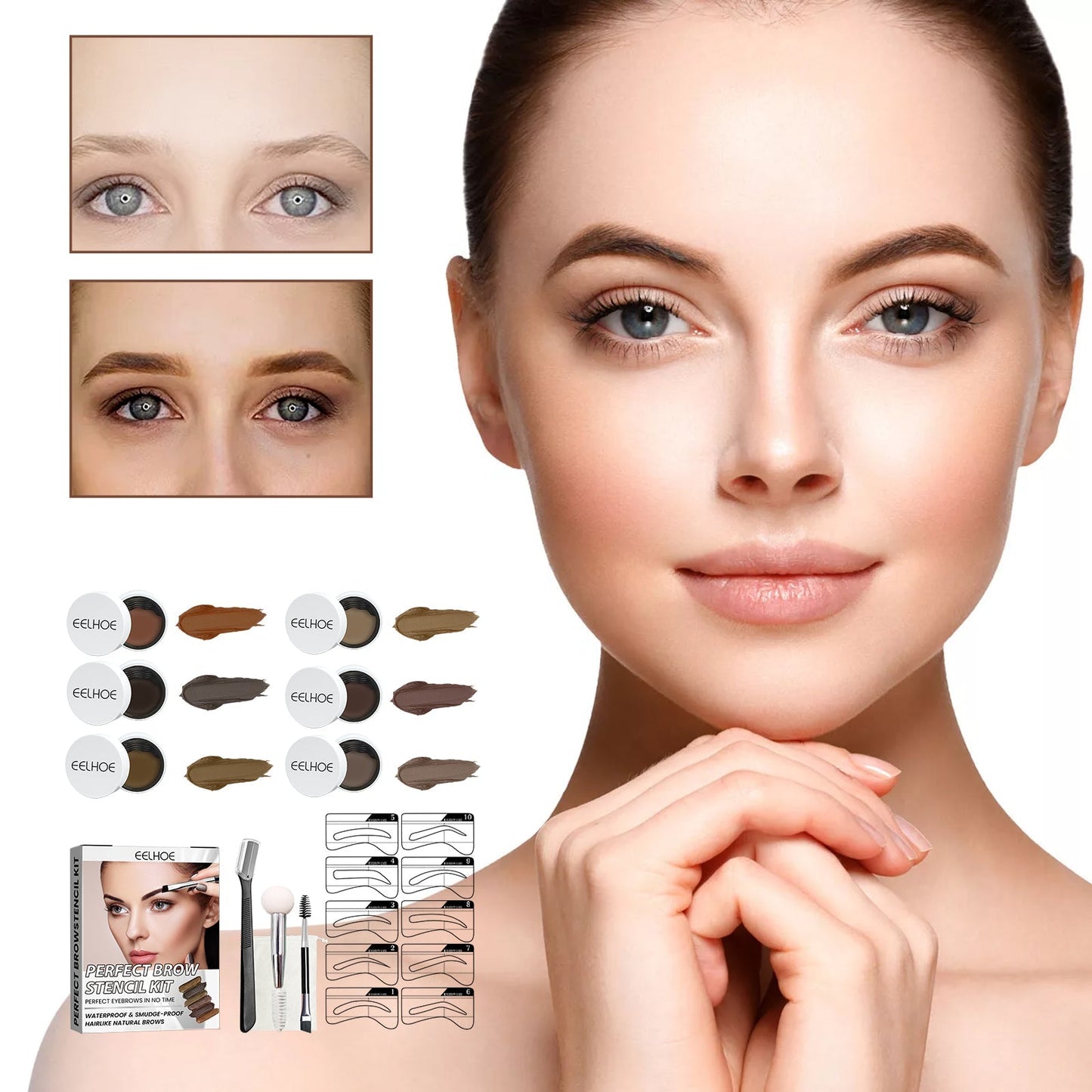 EELHOE Perfect Brow Stencil Kit — Waterproof Eyebrow Cream with Stencils, Smudge-Proof Natural 3D Brows