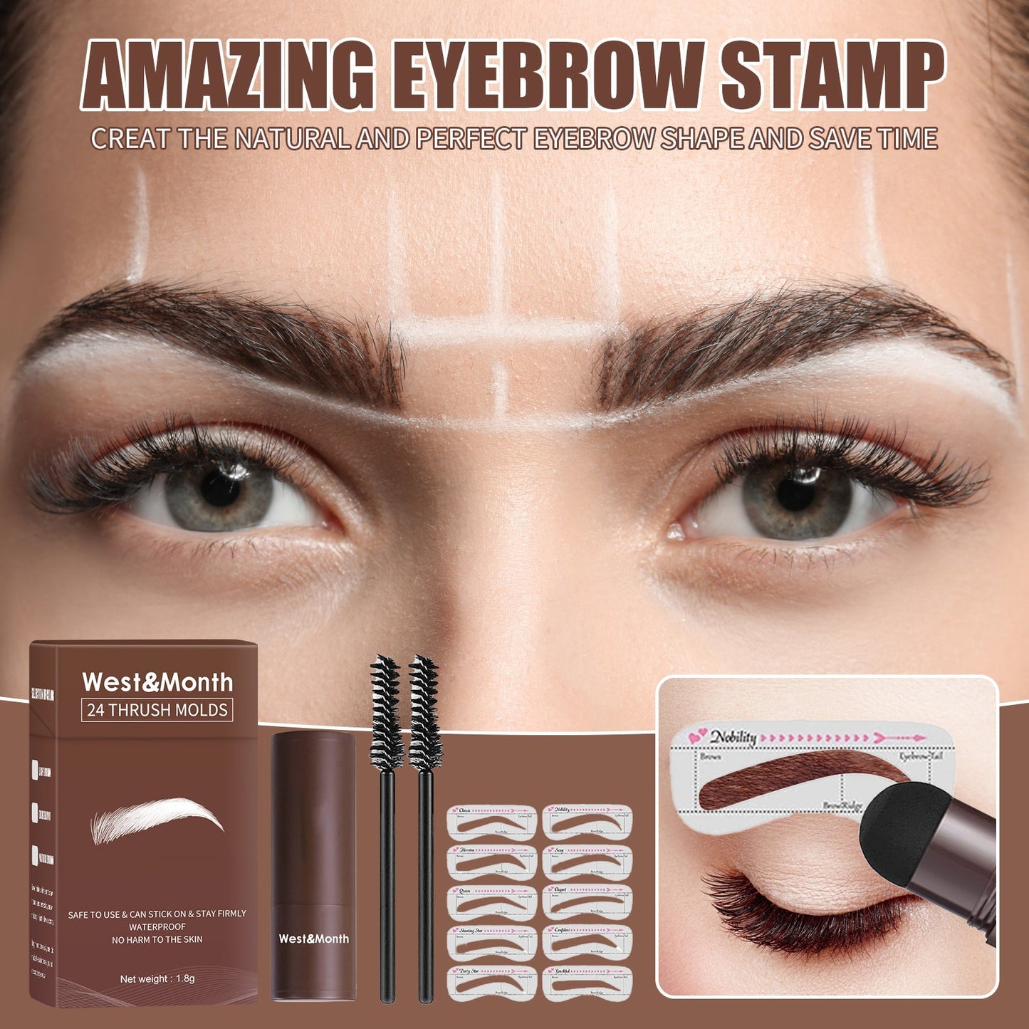 West&month 24-Shape Eyebrow Stencil Kit — Lazy Brow Stamp Powder Set, Waterproof & Smudge-Proof
