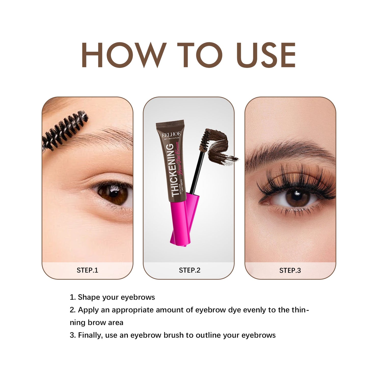 EELHOE Fiber Eyebrow Dye — Waterproof Natural 3D Brow Color with Hyaluronic Acid & Avocado Oil, 5 Shades