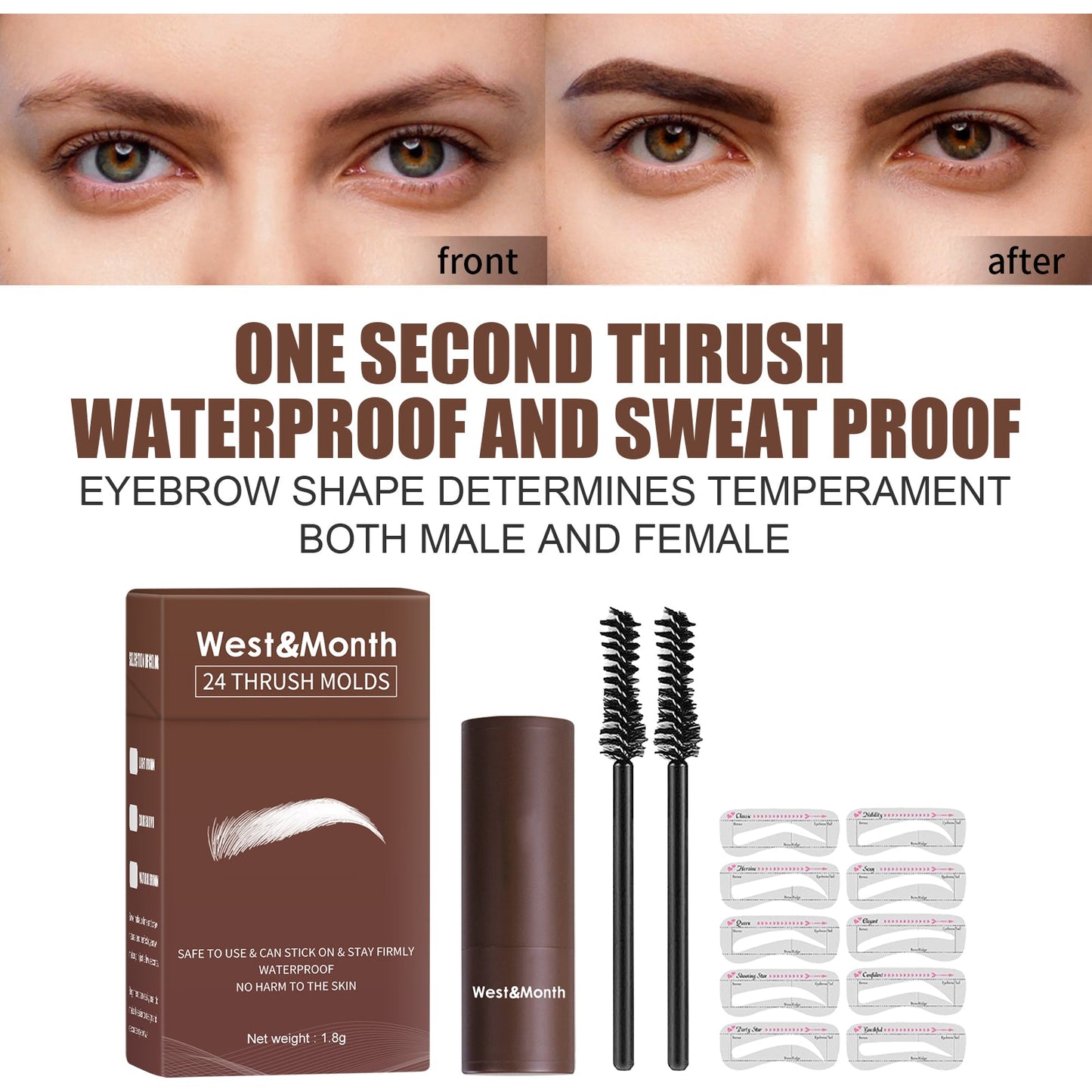 West&month 24-Shape Eyebrow Stencil Kit — Lazy Brow Stamp Powder Set, Waterproof & Smudge-Proof